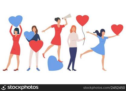 Set of women in love. Girls holding red heart or heart-shaped air balloon, shouting at loudspeaker. People concept. Vector illustration can be used for topics like romance or dating website. Set of women in love