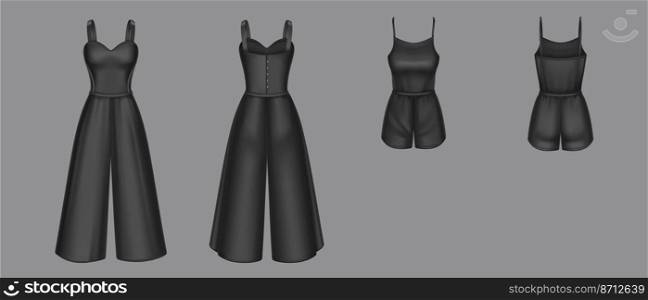 Set of women jumpsuit 3d vector overalls blank mockup. Black female apparel with shorts or trousers and short sleeveless top realistic template. Girls clothes, summer garment, nightwear design mock up. Women jumpsuit 3d vector overalls blank mockup