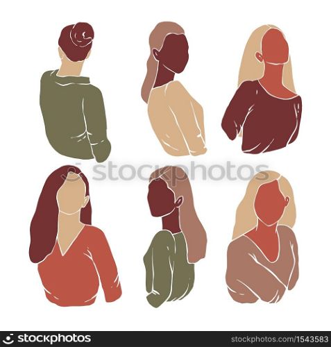 Set of women silhouettes in modern minimalism style. Abstarct female portraits. Paper cut style. Modern hand drawn vector illustrations. Flat design. Social media backgrounds.