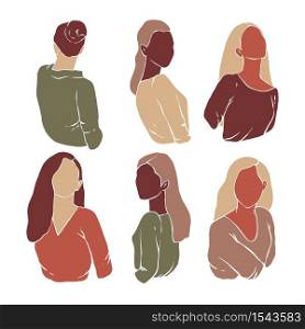 Set of women silhouettes in modern minimalism style. Abstarct female portraits. Paper cut style. Modern hand drawn vector illustrations. Flat design. Social media backgrounds.