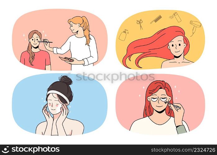 Set of women take care of face and skin make beauty procedures and treatment. Collection of girls do makeup enjoy cosmetology and spa skincare. Beautician and cosmetic. Vector illustration.. Set of women take care of face and skin