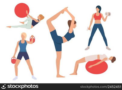 Set of women training bodies in gym. Girls exercising with ball, lifting weights, doing yoga. Sport concept. Vector illustration can be used for topics like keeping fit or fitness club. Set of women training bodies in gym. Girls exercising with ball