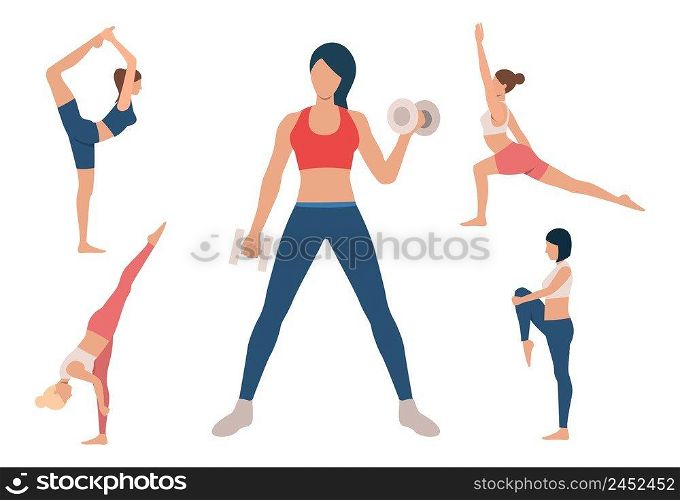 Set of women training body. Girls doing yoga and lifting dumbbells. Sport concept. Vector illustration can be used for topics like gym or fitness club. Set of women training body. Girls doing yoga