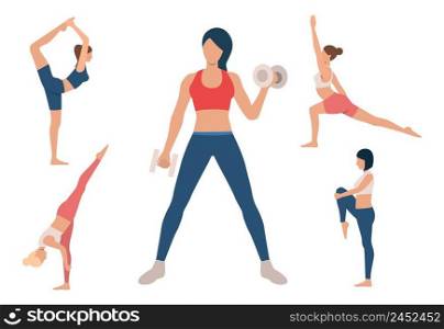 Set of women training body. Girls doing yoga and lifting dumbbells. Sport concept. Vector illustration can be used for topics like gym or fitness club. Set of women training body. Girls doing yoga
