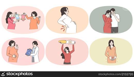 Set of women with belly excited with planned pregnancy. Collection of female unhappy with miscarriage. Pregnant lady expect good happy motherhood. Maternity and ivf. Flat vector illustration.. Set of women pregnancy happiness or problems