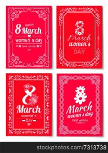 Set of Womens Day postcards with big sign and swirly frame. 8 March card in bright pink color vintage framework vector illustration greetings collection. Womens Day Postcard with Big Sign and Swirly Frame