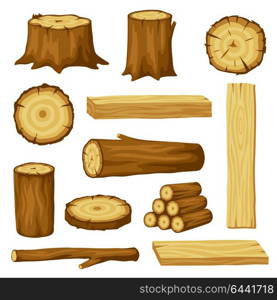 Set of wood logs for forestry and lumber industry. Illustration of trunks, stump and planks. Set of wood logs for forestry and lumber industry. Illustration of trunks, stump and planks.