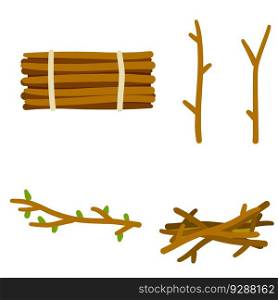 Set of wood. Twigs for fire. Bundle of firewood. Stick of tree with leaves. Set of flat cartoon illustration isolated on white background. Set of wood. Twigs for fire.