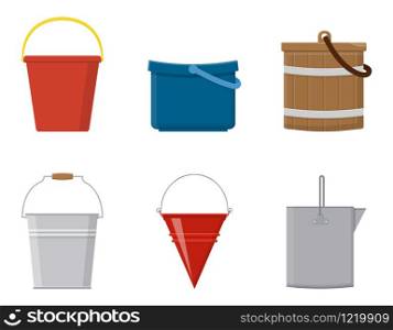 Set of wooden buckets and bucketful plastic empty or with water for gardening isolated on white background. Cartoon style. Vector illustration for any design.