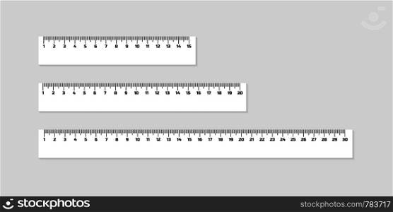 Set of wooden rulers 15, 20 and 30 centimeters with shadows isolated on white. Measuring tool. School supplies. Vector stock illustration.