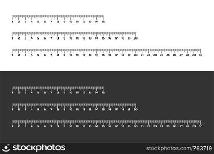Set of wooden rulers 15, 20 and 30 centimeters with shadows isolated on white. Measuring tool. School supplies. Vector stock illustration.