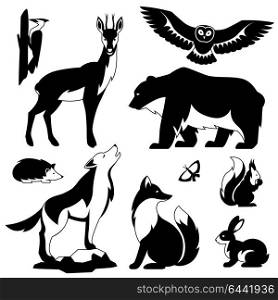 Set of woodland forest animals and birds. Stylized illustration. Set of woodland forest animals and birds. Stylized illustration.