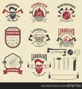 Set of woodworks, carpentry labels, emblems and design elements. Vector illustration.