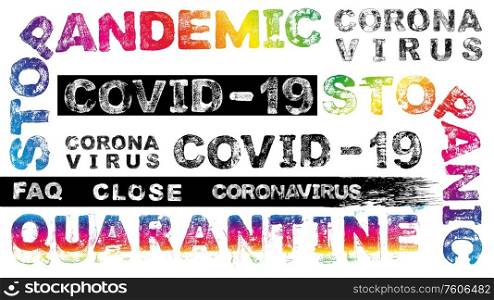 set of words of coronavirus covid-19 theme, letters with grunge effect, vector EPS10. set of grunge effect words of coronavirus theme, vector EPS10