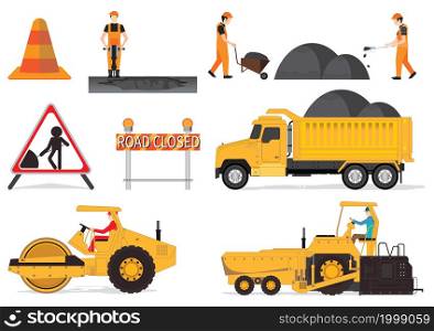 Set of workers change the alphalt, Repair the road surface. Asphalt paver makes the paving on street.Road under construction flat style design Vector illustration.