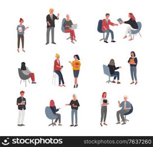 Set of workers communicate or talk with a client or talk between teamwork or meeting, brainstorm. Successful business of young trendy people. Vector cartoon concept illustration.. Set of workers communicate or talk with a client or talk between teamwork or meeting, brainstorm. Successful business of young trendy people. Vector cartoon concept