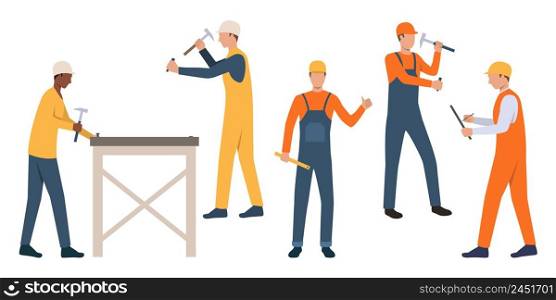 Set of workmen in hardhats. Cartoon male characters using hammers on white backgrounds. Vector illustration can be used for presentation, housing project, renovation