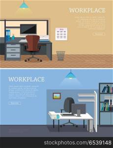 Set of workplace horizontal web banners in flat style. Bright office interior with desk, computer, armchair, ceiling light, shelves with documents. Design of comfortable, modern place for work . Set of Workplace Vector Web Banners in Flat Design. Set of Workplace Vector Web Banners in Flat Design