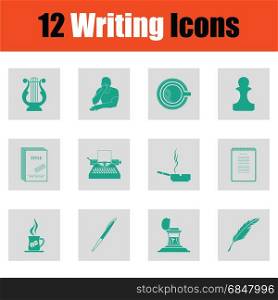 Set of Writing icons. Green on gray design. Vector illustration.