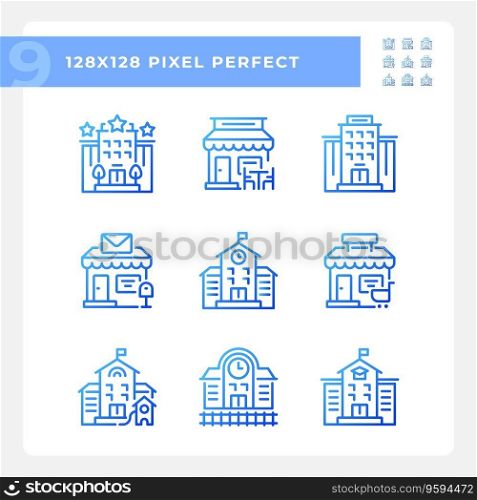 Set ofπxel perfect blue gradient icons representing various buildings, thin li≠illustration.. Set ofπxel perfect blue gradient building icons