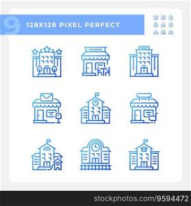 Set ofπxel perfect blue gradient icons representing various buildings, thin li≠illustration.. Set ofπxel perfect blue gradient building icons