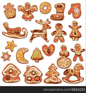 Set of xmas gingerbread isolated on white - cookies in reindeer, star, moon, people, heart, house and fir-tree shapes. Elements for Christmas and New Year design