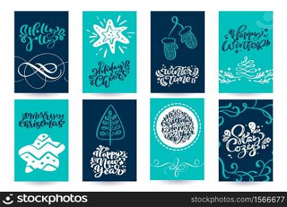 Set of xmas scandinavian greeting cards with merry Christmas calligraphy lettering text phrases. Hand drawn vector illustration. Isolated objects.. Set of xmas scandinavian greeting cards with merry Christmas calligraphy lettering text phrases. Hand drawn vector illustration. Isolated objects