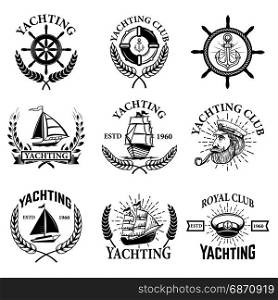 Set of yachting emblems isolated on white background. Yachting club, boats. Design elements for logo, label, emblem, sign. Vector illustration