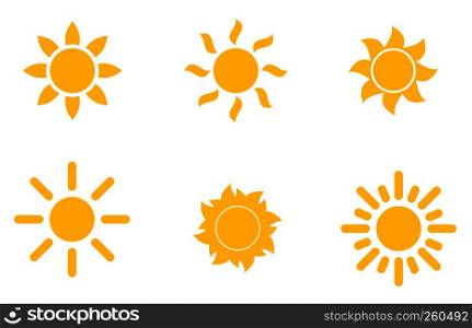 Set of yellow icons of the sun, isolated on white background. Forecast icon. Vector weather symbol. Set of yellow icons of the sun, isolated on white background.