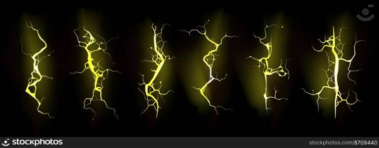 Set of yellow lightning, electric thunderbolt strike during night storm. Powerful electrical discharge, impact, crack, magical energy flash. Realistic 3d vector bolts isolated on black background. Set yellow lightning, electric thunderbolt strike