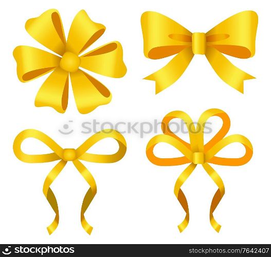 Set of yellow ribbon bows isolated icons. Golden decoration for gift cards design or presents decor. Silk tapes for holidays embellishment or adornment or place. Vector in flat style illustration. Decorative Ribbon Bows for Gifts with Curly Tapes