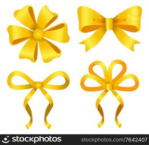 Set of yellow ribbon bows isolated icons. Golden decoration for gift cards design or presents decor. Silk tapes for holidays embellishment or adornment or place. Vector in flat style illustration. Decorative Ribbon Bows for Gifts with Curly Tapes