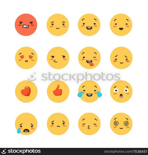 Set of yellow round emoticons and emoji. Smiles to express emotions to communicate messages. Set of yellow round emoticons and emoji.