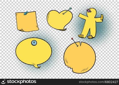 set of yellow stickers in different shapes. Figures of the human heart apple bubble and orange. set of yellow stickers in different shapes