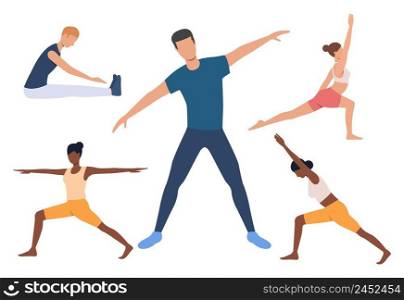 Set of yogi. Men and women doing yoga, holding poses, stretching muscles. Sport concept. Vector illustration can be used for topics like fitness or body training. Set of yogi. Men and women doing yoga