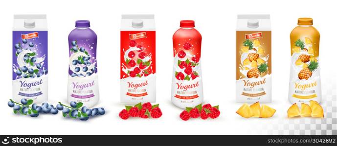 Set of yogurt in bottles and boxes with fruit and berries. Blue. Set of yogurt in bottles and boxes with fruit and berries. Blueberry, raspberry and pineapple. Design template. Vector. Set of yogurt in bottles and boxes with fruit and berries. Blueberry, raspberry and pineapple. Design template. Vector