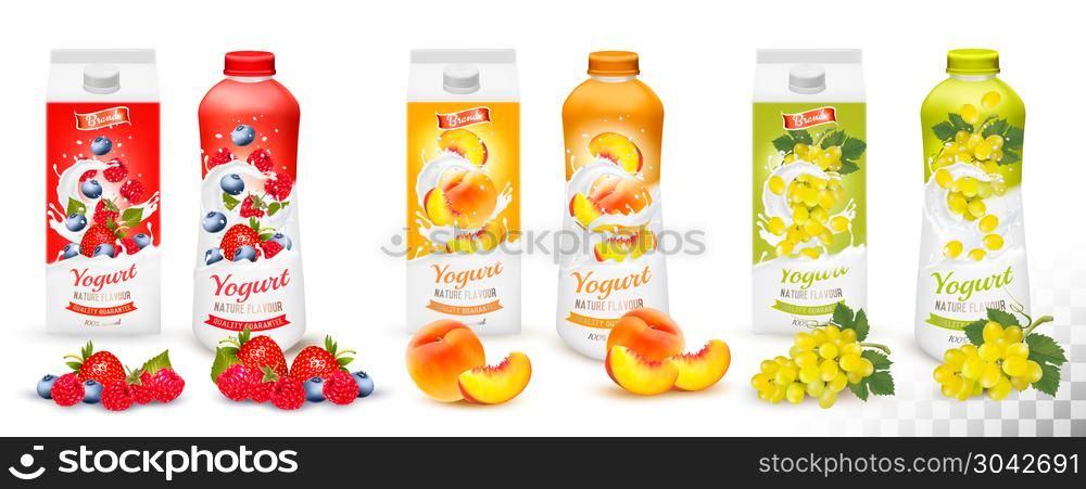 Set of yogurt in bottles and boxes with fruit and berries. Stra. Set of yogurt in bottles and boxes with fruit and berries. Strawberry, raspberry, blueberry, grapes and peach. Design template. Vector. Set of yogurt in bottles and boxes with fruit and berries. Strawberry, raspberry, blueberry, grapes and peach. Design template. Vector