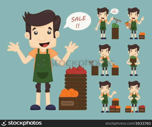 Set of youg merchant , sale man at market shopping store , eps10 vector format