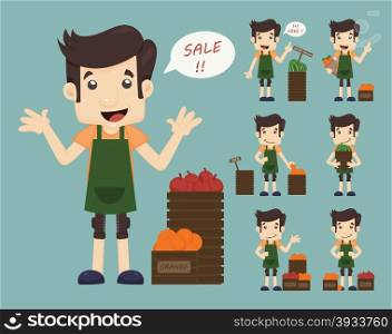 Set of youg merchant , sale man at market shopping store , eps10 vector format