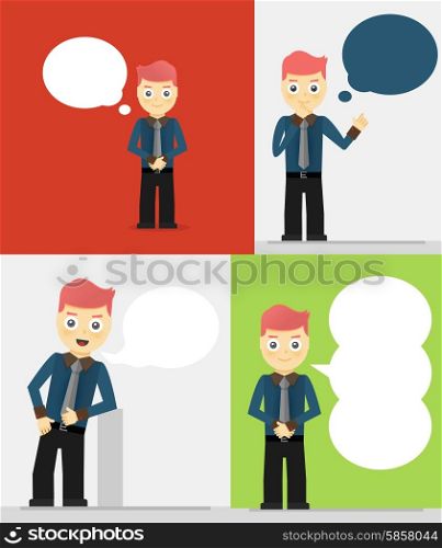 Set of young businessmen with speech bubbles. Talking, thinking concept. Flat vector design illustration
