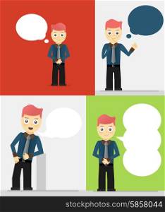 Set of young businessmen with speech bubbles. Talking, thinking concept. Flat vector design illustration