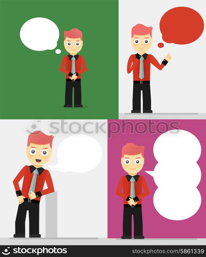 Set of young businessmen with speech bubbles. Talking, thinking concept. Flat vector design illustration