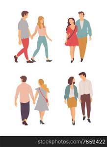 Set of young couples walking together front, side and back view. Happy cartoon people in summer cloth on walk. Male and female dating students isolated. Set of Young Couples Walking Together Isolated