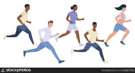 Set of young multiethnic runners. Group of girls and boys jogging outdoors. Vector illustration can be used for presentation, brochure, activity. Set of young multiethnic runners