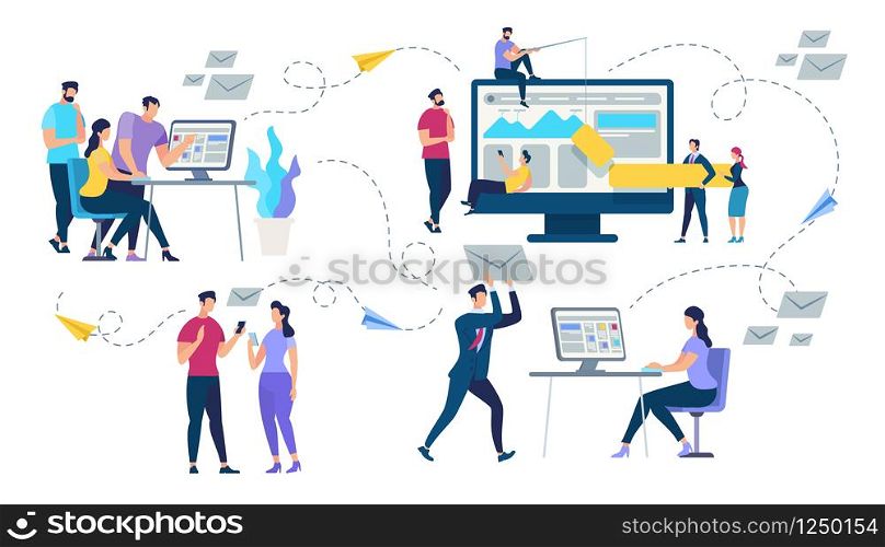 Set of Young People Characters with Gadgets Isolated on White Background. Guys and Girls Communicate by Smartphone and Mobile Devices, Using Computers, Chatting Online Cartoon Flat Vector Illustration. Set of Young People Characters with Smart Gadgets