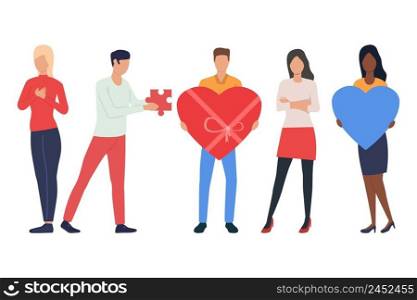 Set of young people in love. Men and women holding hearts, gift, puzzle piece. Love concept. Vector illustration can be used for topics like dating, present, romance. Set of young people in love. Men and women holding hearts
