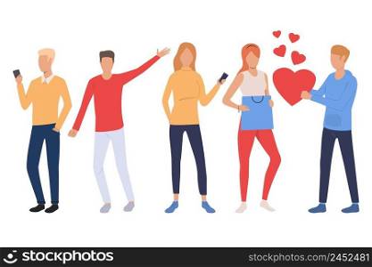 Set of young people. Man and women holding smartphones, shopping bags, and heart. People concept. Vector illustration can be used for topics like romance or communication. Set of young people. Man and women holding smartphones