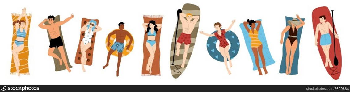 Set of young people sunbathing isolated on white background. Flat vector illustration of relaxed men and women lying on beach towel and surfboard, getting suntanned, enjoying summer vacation rest. Set of young people sunbathing isolated on white