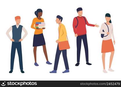Set of young people with bag and books. Collection of university students walking on c&us. Vector illustration can be used for commercial, promo, presentation. Set of young people with bag and books