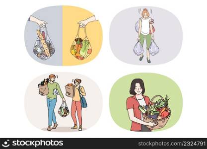 Set of young people with bags grocery shopping in supermarket. Bundle of man and woman buy products in food store follow healthy lifestyle. Eating and nutrition. Meal delivery. Vector illustration.. Collection of diverse people shopping for groceries